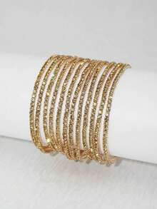 Fashionable Women's Inlaid Diamond Elastic 12-Piece Set Bracelet Gold Bangle - Gold - View 3