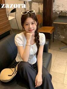 韓式新款甜美修身領結設計百搭顯瘦花瓣袖輕盈聚酯纖維短袖女款夏季白色襯衫上衣 - 白色 - 查看 6