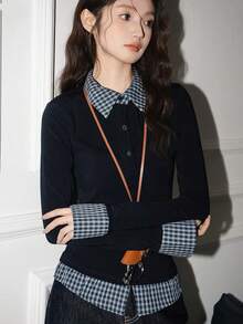 Polo Collar Faux Two-Piece Layered Base Layer Slim Fit Long Sleeve T-Shirt Top For Women, New Design - Navy Blue - View 10