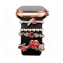 4pcs Watch Band Decorative Rings, Zinc Alloy Rose Flower Metal Sliding Charms, Suitable For Apple Watch Silicone Band, Smart Watch Band Jewelry Accessories, For Women, Available In Silver/Rose Gold/Gold (Band Not Included) - Mouldless - View 12