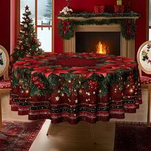 Christmas Poinsettia Round Tablecloth, Red Floral Holiday Polyester Table Cover With Holly Berry Wreath Print For Xmas Dinner, Family Gathering, Winter Party And Festive Home Decor - A - View 4