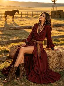 Vuslat Women's Autumn Deep V-Neck Burgundy Long Sleeve Double Layer Ruffle Hem Asymmetrical Halter Neck Maxi Dress, Suitable For Halloween, Music Festival - Burgundy - View 3