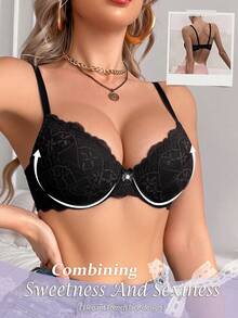 حمالة صدر دانتيل زهرية رومانسية رافعة، مريحة وقابلة للتنفس مع دعم سلكي، حمالات رفيعة قابلة للتعديل، ملابس داخلية يومية - الأسود - مشاهدة 7