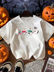 Happy Halloween T-Shirt - Acotar T-Shirt mit niedlichem Geister-Design, lässiges, lockeres Kurzarm-T-Shirt für Familie und Freunde - Weiss - Übersicht 1