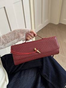Women's Vintage Minimalist Faux Woven Texture Angora Red Retro Flap Lock Large Capacity Clutch Bag - Red - View 2