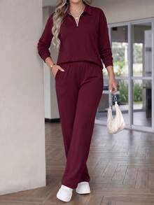 LUNNELUX Women Fall Burgundy Knit 2 Pieces Outfits, Half Zip Collar Long Sleeve Top & Drawstring Wide Leg Pants Set Halloween Travel Daily Tracksuit - Burgundy - View 7