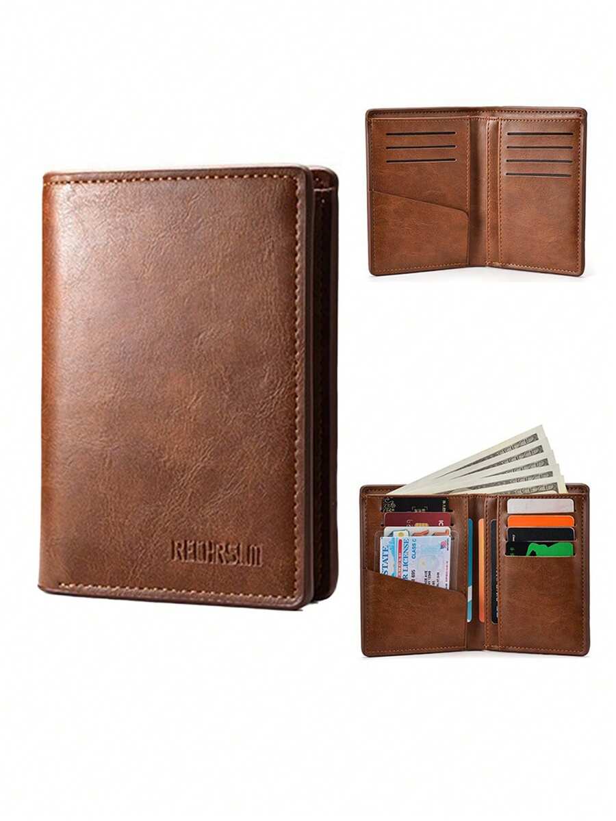 1pc,Men's Bifold PU Leather Wallet, Multi Card Slots Large Capacity Billfold Purse, Vintage Leather Credit Card Cash Holder For Business Daily Use - Multicolor - View 1