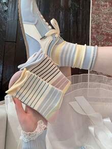 4 Pairs All-Season Striped Rolled Cuff Mid-Calf Socks For Women, Breathable Versatile Slouch Socks - Multicolor - View 4