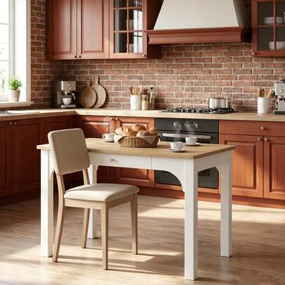 HaluPeit Table à manger minimaliste et multifonctionnelle tout-en-un au design bicolore contrasté ; une table polyvalente avec tiroirs intégrés, adaptée à diverses activités telles que les repas, le travail et les jeux de société.
