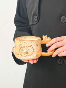 1pc Handmade Cute Cat Ceramic Mug, Creative Vintage 3D Cat Handle Coffee Cup, High Aesthetic Handmade Teacup, Suitable For Home, Restaurant, Cafe, Birthday Gift, Unique Handmade Gift - Multicolor - View 3