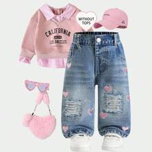 Baby Girl Denim Long Pants, All Season Casual Cute Mid-Blue Distressed Washed Ripped Distressed Frayed Hem Pink Heart Embroidery Elastic Waist Loose Wide Leg Comfortable Soft Premium Cotton Denim Fabric - Medium Wash - View 2