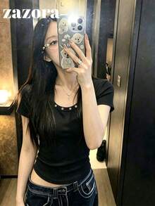 鉚釘圓領針織上衣，百搭修身小眾短袖顯瘦上衣，微低領口，女款休閒黑色夏季服飾 - 黑色 - 查看 3