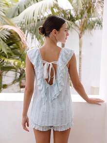 2pcs Set, Women's Blue, Backless, Floral, Tie-Up, Lace Patchwork, Ruffle, Sleeveless Top, Pajama Set, Loungewear Set - Baby Blue - View 6