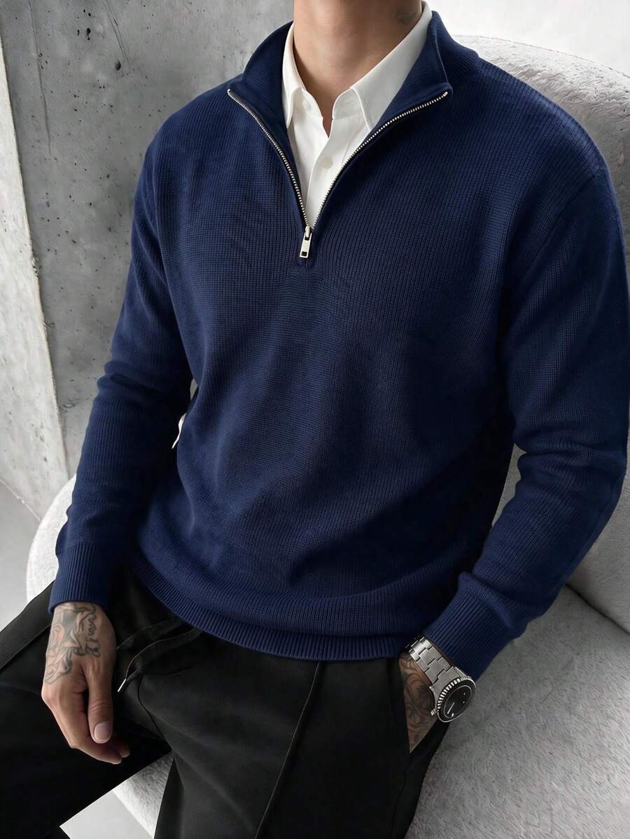 Men's Zipper Vertical Ribbed Knit Sweater, Stand Collar Long Sleeve, Suitable For Office And Daily Wear, Fashion Casual