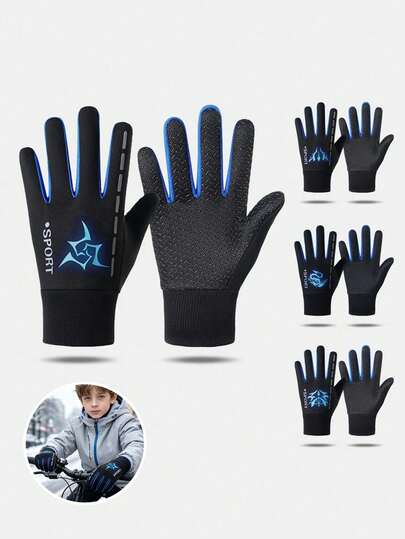 1 Pair Children's Cartoon Non-Slip Sports Gloves, Fleece Lining Warm, With Reflective Glow Strip, Suitable For Winter Cycling, Skiing, Outdoor Play