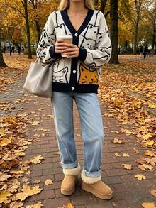 Women's V-Neck Contrast Color Cat Jacquard Loose Casual Cardigan Sweater With Side Pockets, Autumn/Winter - Multicolor - View 5