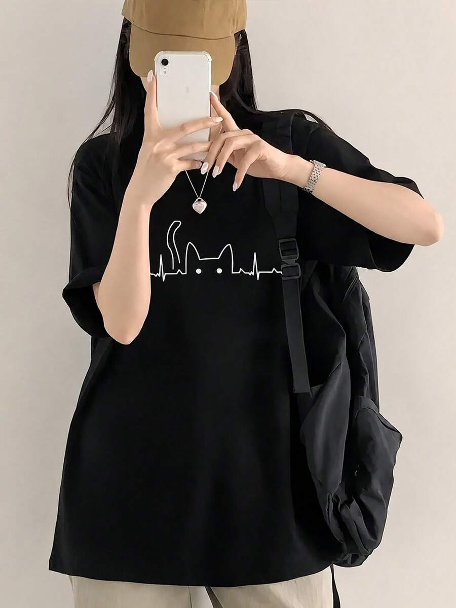 Women's Fashion Summer Round Neck Casual Versatile Simple Cat Print Short Sleeve T-Shirt Black - Black - View 1
