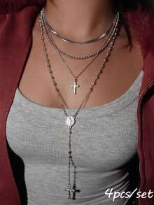 4pcs Women's Silver Metal Cross Pendant Necklace, Multi-Layer Stackable Personalized Necklace For Party And Gathering - Multicolor - View 1