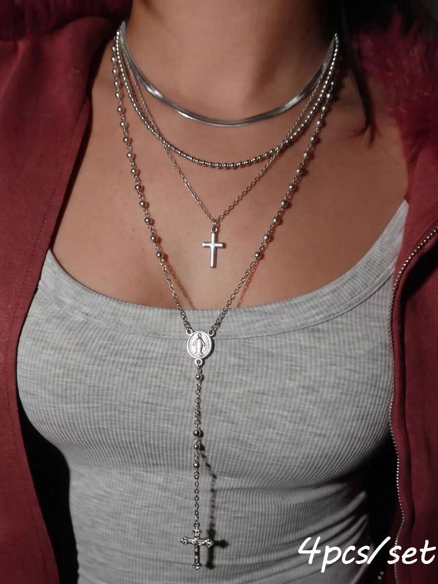 4pcs Women's Silver Metal Cross Pendant Necklace, Multi-Layer Stackable Personalized Necklace For Party And Gathering - Multicolor - View 1