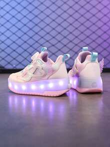Unisex LED Rechargeable Light-Up Roller Shoes, Children's Multi-Functional Transformable Roller Skates With Detachable Wheels, Suitable For All Seasons, Outdoor And Sports - Pink - View 9