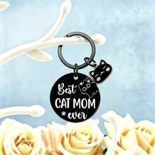Cat Lover Gift | Stainless Steel Keychain, "Best Cat Mom Ever" Engraved Black Round Pendant With Cute Cat Charm, Meaningful Birthday Holiday Gift, Gift For Cat Mom, Gift For Cat Lovers, Comes With Mesh Gift Bag - Cat Mom Gift - View 7