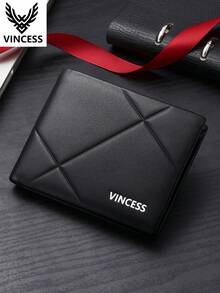 VINCESS Men's Genuine Leather Wallet, Fashionable Slim Card Holder With Multiple Card Slots And RFID Blocking, Geometric Design, Casual Fashion For Daily Use, Perfect Gift For Men On Holidays And Valentine's Day - Black - View 9