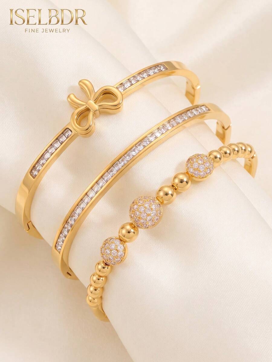 3pcs/Set 18K Gold Plated Stainless Steel Bangle Set For Women, Luxury Sparkling Zirconia Stackable Cuff Bracelets, Waterproof Non-Tarnish Jewelry - Multicolor - View 1