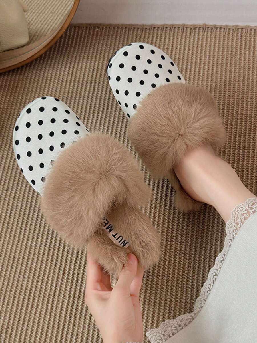 女款休閒套腳毛絨包頭拖鞋,秋冬新款時尚戶外鞋 - 白底黑點 - 查看 1