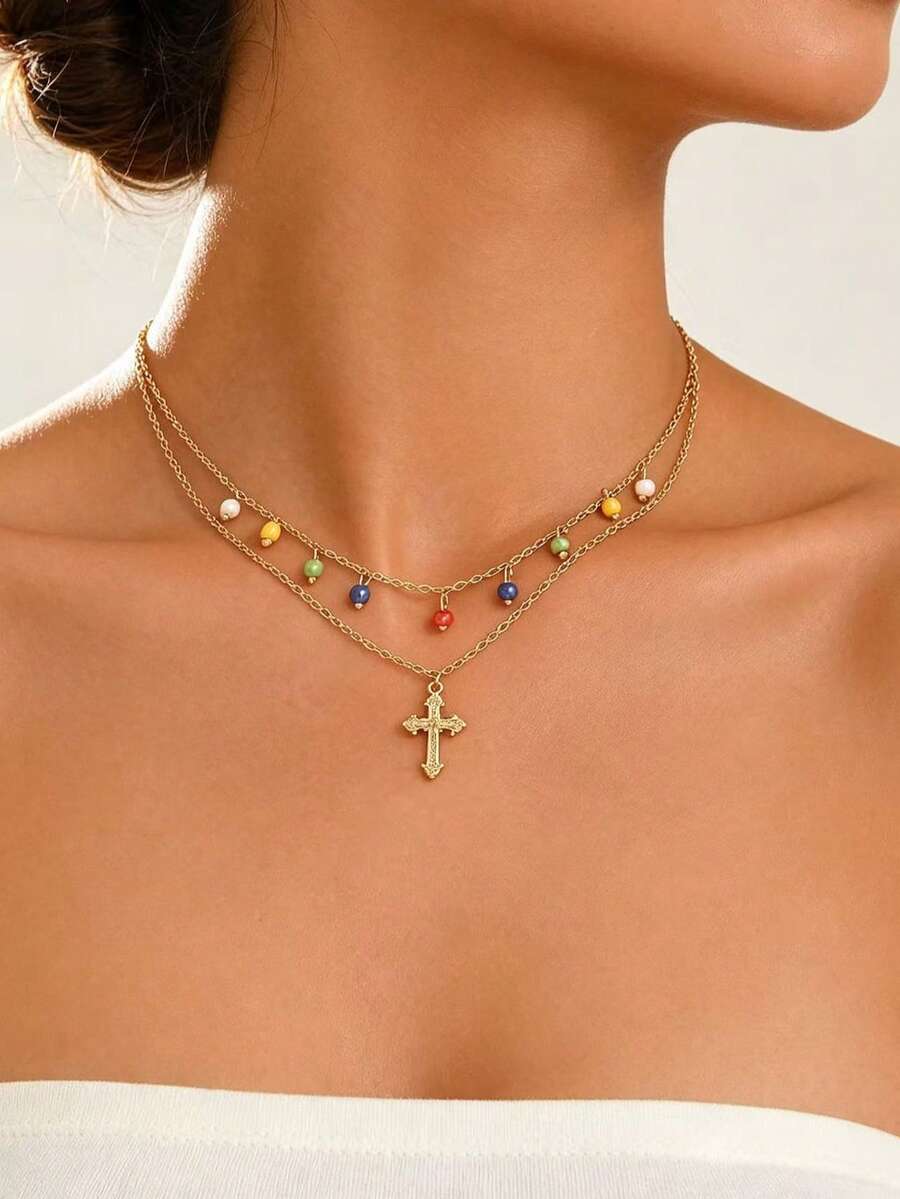 1pc Bohemian Elegant Exquisite Gold Chain With Multi-Element Pendant Double Layer Stackable Necklace, Multiple Styles Available, Suitable For Daily Wear, Vacation, Beach, Seaside, Party, Evening Banquet And More, Plastic Color Pattern And Size Are Multicolor Handmade, Each Piece Is Unique - Multicolor - View 1