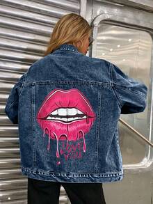 HAPPY GIRL#Spring/Autumn Fashion Festival Holiday Daily Travel Airport Outfit Women's Printed Design Comfortable Commute Denim Jacket - Dark Wash - View 7