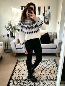 Nordic Relaxed Style Fair Isle Vintage Jacquard Knit Sweater Women's Loose Long Sleeve Pullover Crew Neck Dropped Shoulder Radial Jacquard Texture Soft Skin-Friendly Breathable Daily Wear Early Autumn Outfit Knit Top - White - View 9