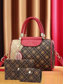 Juego de 3 piezas de bolsos de moda para mujer con estampado, bolso de tela y bolso tipo almohada - Dorado - Ver 11
