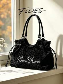 1pc New Women's Leopard Print Embroidered Letter PU Tote Bag, Drawstring Shoulder Strap Large Capacity Commuter Underarm Bag, Casual Daily Work Versatile Handbag Crossbody Bag - Black - View 6