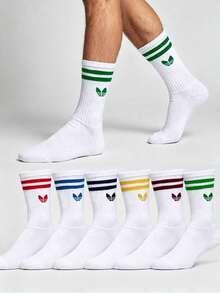 1/5/10 Pairs Unisex Striped & Solid Mid-Calf Socks, Sweat-Absorbent, Breathable, Odor-Resistant Sports Socks, Suitable For Daily Wear, Sports, Back To School Season, All Seasons, Random Colors - Multicolor - View 1