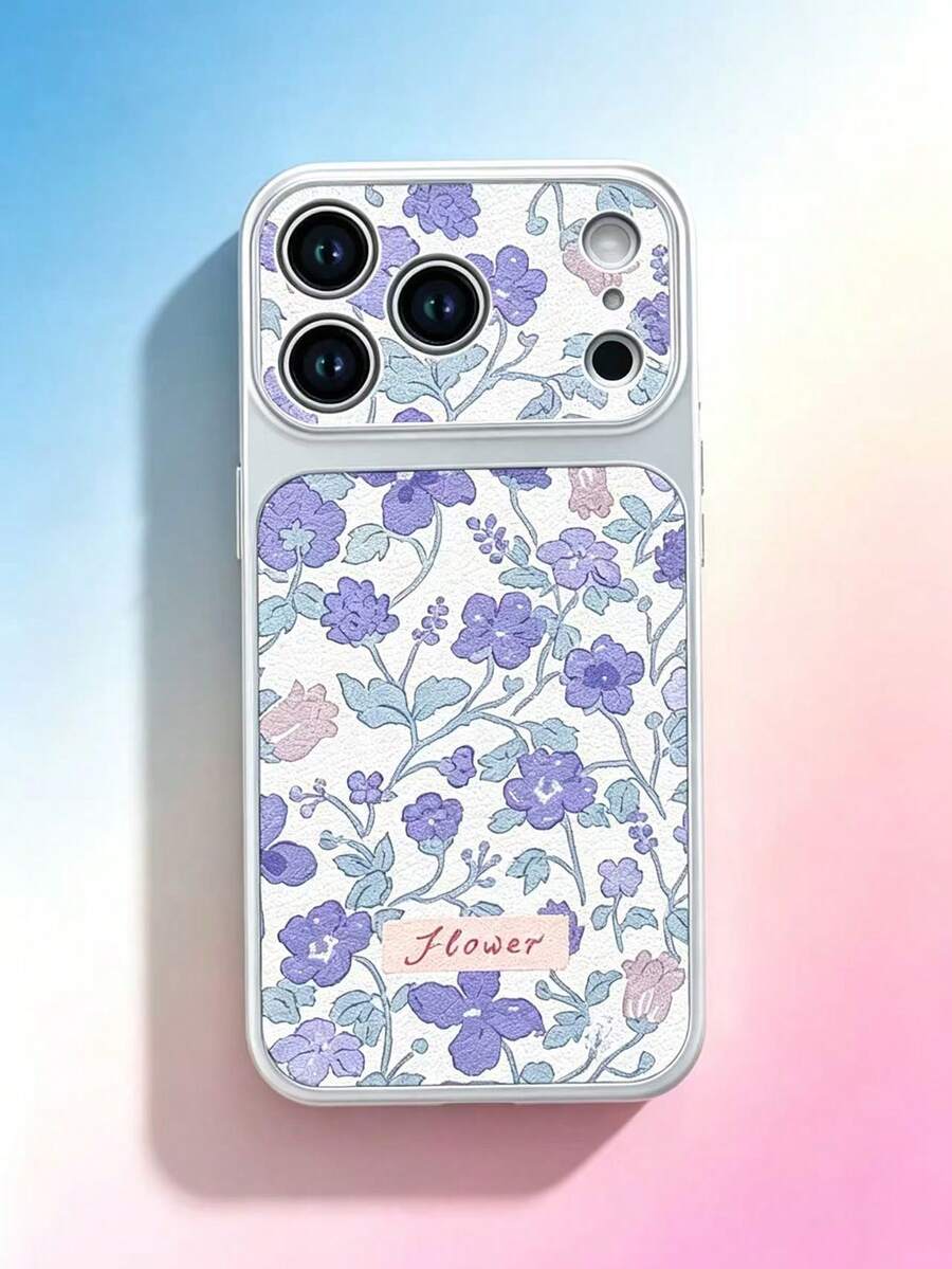 1PC Vintage Purple Floral Lychee Texture Large Window Phone Case, Artistic Fresh Style Full Coverage Protective Shell Compatible With Apple 17 Pro Max 17 Pro 17 16 Pro Max 16 Pro 16 15 Pro Max 15 Pro 15 14 13 12 11 - Multicolor - View 1