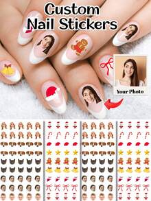 Custom Christmas Nail Stickers,Personalized Photo Face Image Nail Decals,Christmas Stocking Snowman Gingerbread Man Bell Candy Cane Star Bow Design,Nail Art Decorations For Holiday Party Manicure,Multiple Pcs DIY Nail Accessories - Multicolor - View 1