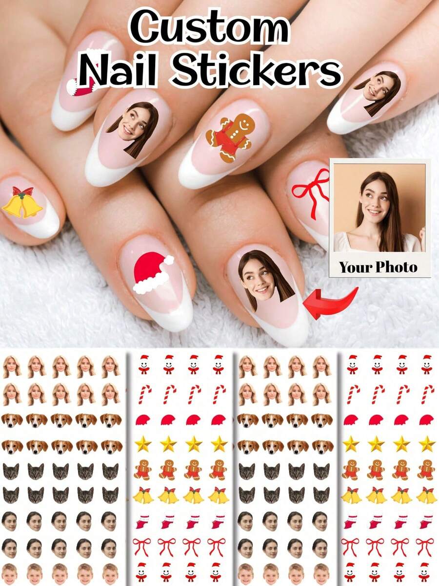 Custom Christmas Nail Stickers,Personalized Photo Face Image Nail Decals,Christmas Stocking Snowman Gingerbread Man Bell Candy Cane Star Bow Design,Nail Art Decorations For Holiday Party Manicure,Multiple Pcs DIY Nail Accessories - Multicolor - View 1