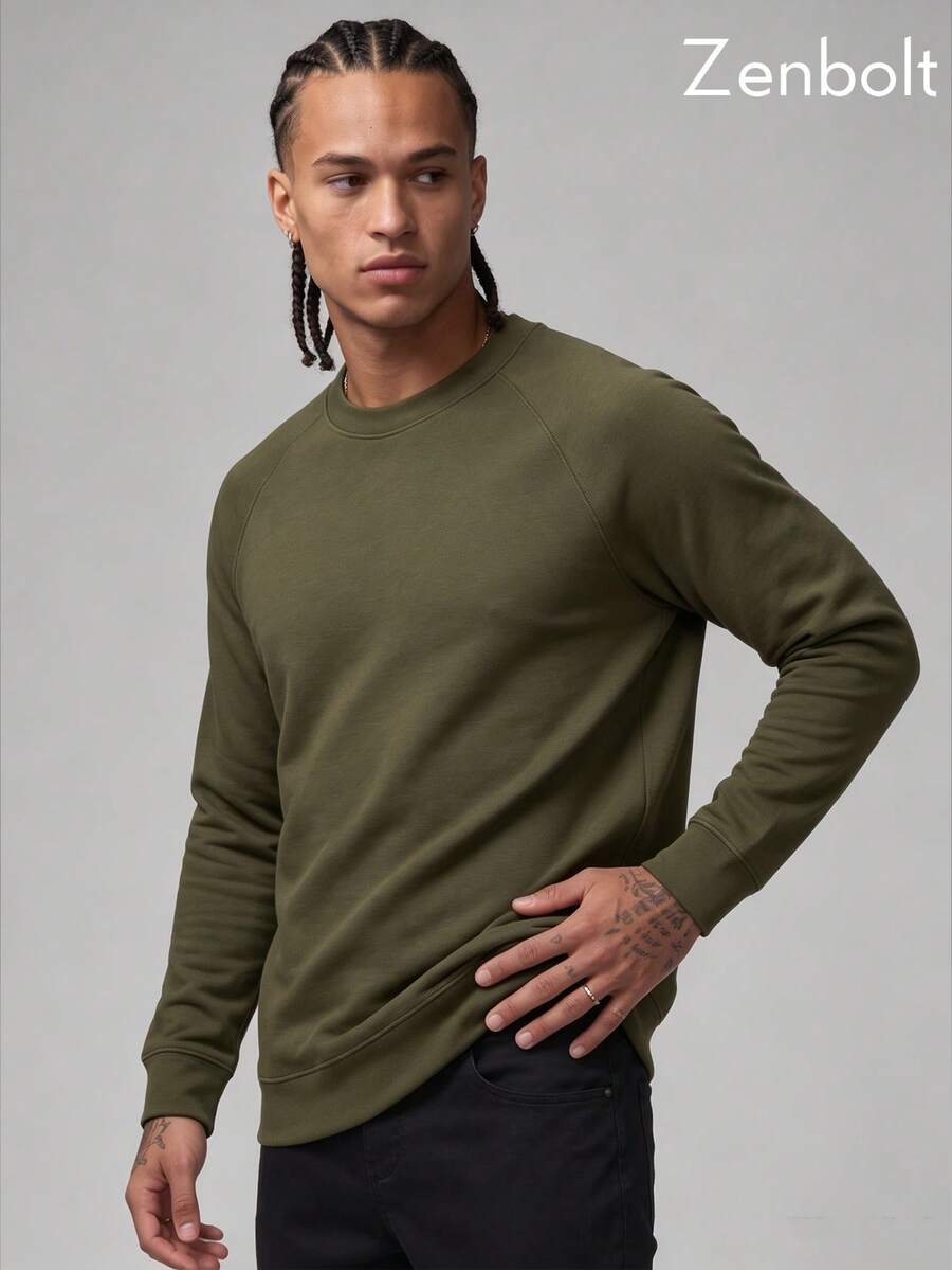 Zenbolt Men's Basic Crew Neck Sweatshirt, Raglan Sleeve Comfortable Skin-Friendly Pullover, Casual Long Sleeve Men's Top - Army Green - View 1