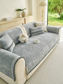 1pc Chenille Sofa Cushion, With Pom Pom Lace Trim Design, All-Season Anti-Slip Seat Pad, Machine Washable, Pet-Friendly Stain-Resistant, Sofa Protector Cover - Light Grey - View 4