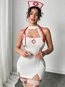 Plus Size Sexy Party Ultra Short Low Cut Sweet Semi-Sheer Lace Slit Cosplay Nurse Role Play Dress, 1pc, White - White - View 1