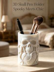 Skull Heart Embossed Makeup Brush Bucket Multifunctional Desktop Cosmetic Box Halloween Christmas Decor Vanity Rack Pen Holder Dual Use Dark Resin Beauty Organizer Gift - Multicolor - View 7
