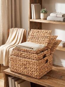 1Pc/3Pcs(S+M+L) Wicker Storage Basket Set, Natural Water Hyacinth Handwoven Baskets, Large Medium Small Stackable Storage Bins For Pantry Shelf Kitchen Bathroom Bedroom Organizer, Decorative Woven Basket Halloween Christmas Gift Home Decor - Khaki - View 9