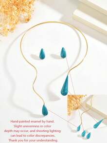1 Set Vintage Elegant Fashion Open-End Teardrop Inlaid Choker & Earrings Set, Suitable For Women's Daily Wear, Banquet And Party - Blue-green - View 9