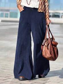 Women's Corduroy Flare Pants, Wide Leg Bohemian Style Long Pants With Pockets, Zipper And Button Fly, Slightly Stretchy, Suitable For Autumn Wear - Royal Blue - View 2