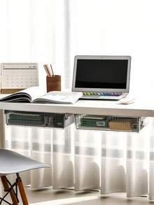 1pc Under Desk Hidden Drawer, No Drilling Adhesive Transparent Storage Box, Student Desk Stationery Pen Slot, Office Supplies Organizer - White - View 1