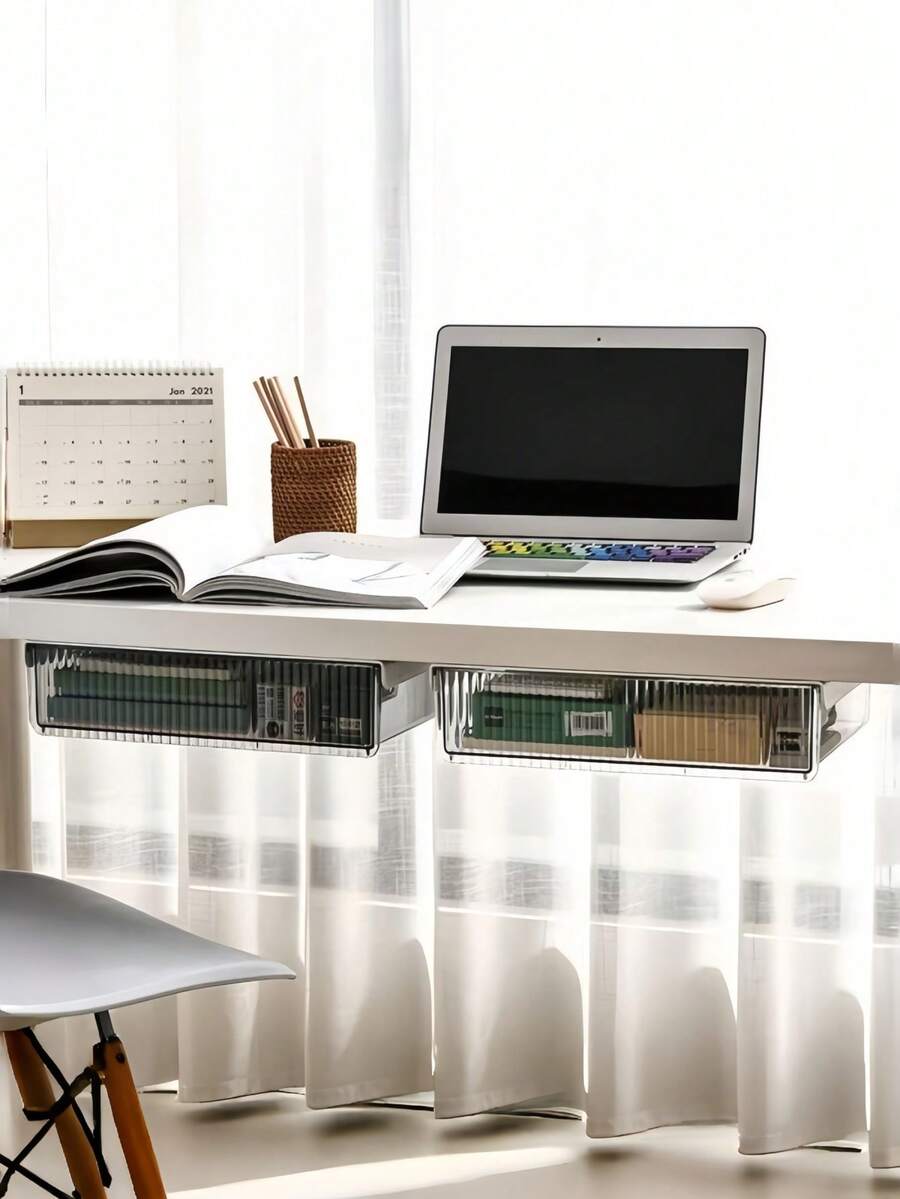 1pc Under Desk Hidden Drawer, No Drilling Adhesive Transparent Storage Box, Student Desk Stationery Pen Slot, Office Supplies Organizer - White - View 1