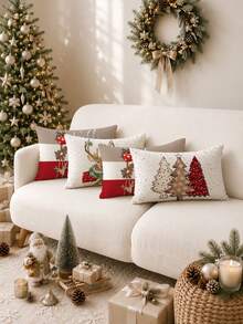 4 pièces, Père Noël, Sapin de Noël, Renne, Bonhomme de neige, Flocon de neige, Noël, Joyeux Noël, Décoration de Noël, Cadeau de Noël, Fermeture éclair cachée, Sans rembourrage, Convient pour la décoration de la maison, Décoration du salon, Taie d'oreiller, Housse de coussin, Housse d'oreiller, Coussin décoratif de canapé, Housse de tapis, Coussin moelleux - Multicolore - Voir 2