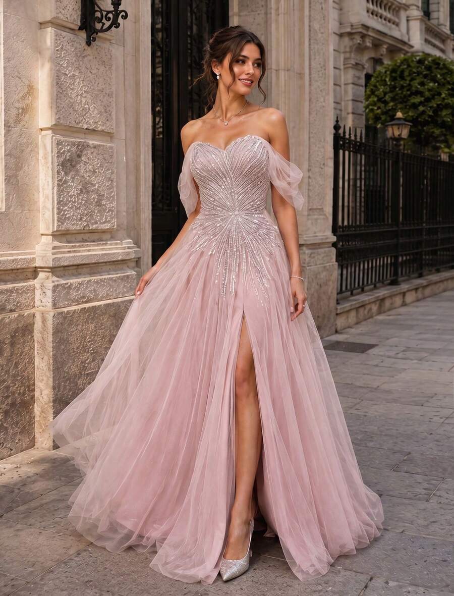 VIPGIRL New Elegant Off Shoulder Mesh Slit Luxury Evening Dress - Pink - View 1