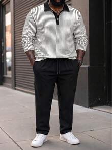 Men's Plus Size Set, Autumn Long Sleeve Casual Plus Size Polo Set For Men, Textured Plus Size Men's Clothing Suitable For Daily Wear - Black and White - View 4