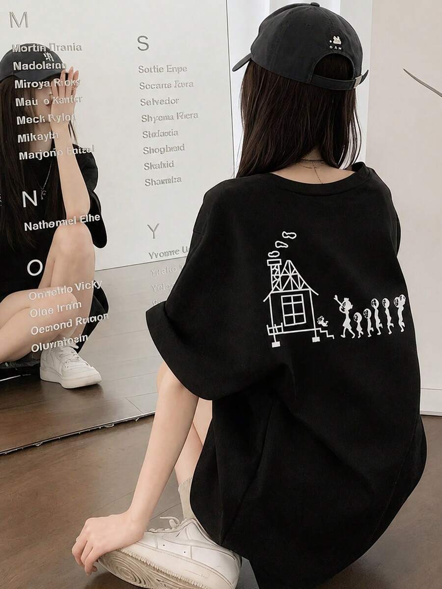 Women's Casual Loose Round Neck Cartoon Print Short Sleeve T-Shirt, Versatile For Spring/Summer Black - Black - View 1